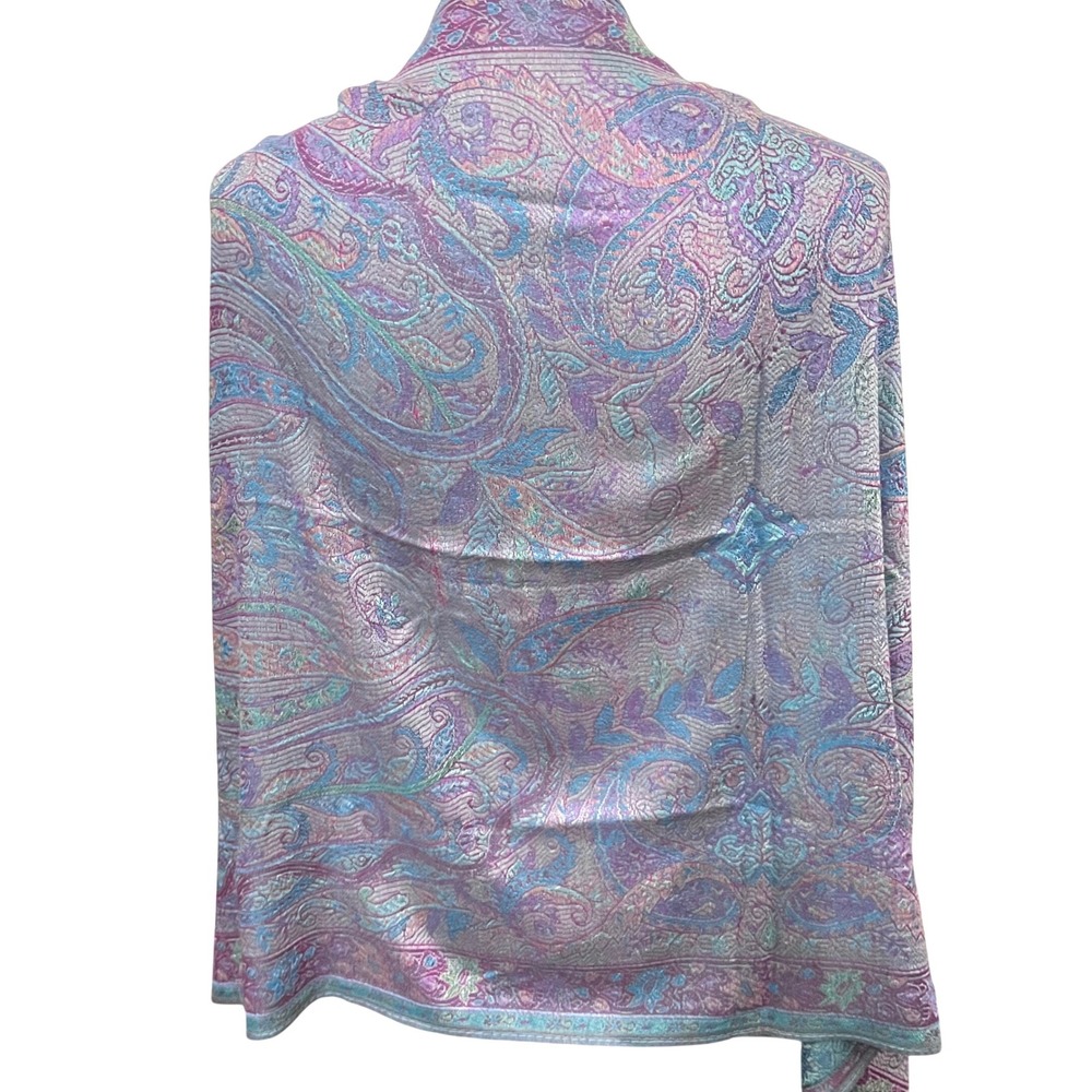Women's Luxurious 100% Cashmere Paisley Shawl Scarf Teal Purple Fringe Bohemian - Picture 7 of 8